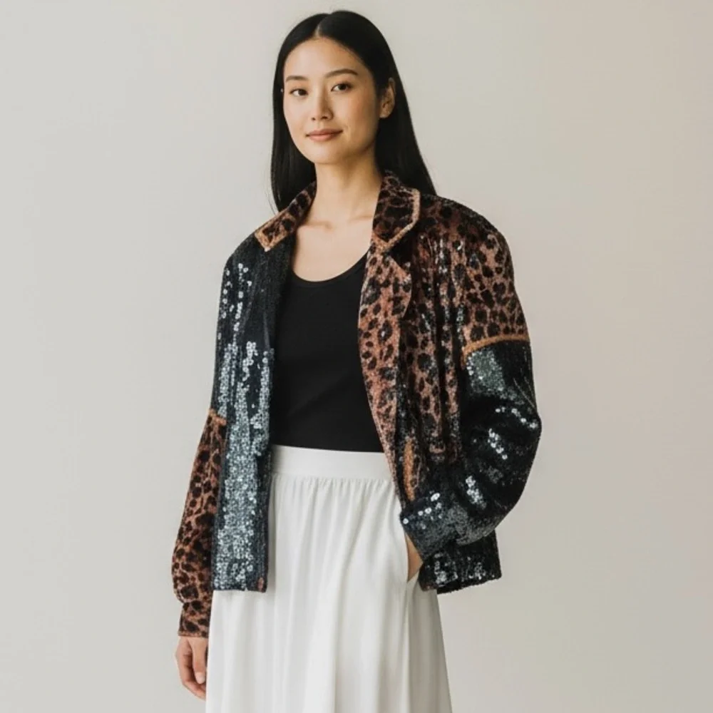 🌻Vintage MODI Exotic Leopard Jeweled Beaded Silk Jacket Circa 1980s Size Medium - Picture 5 of 12